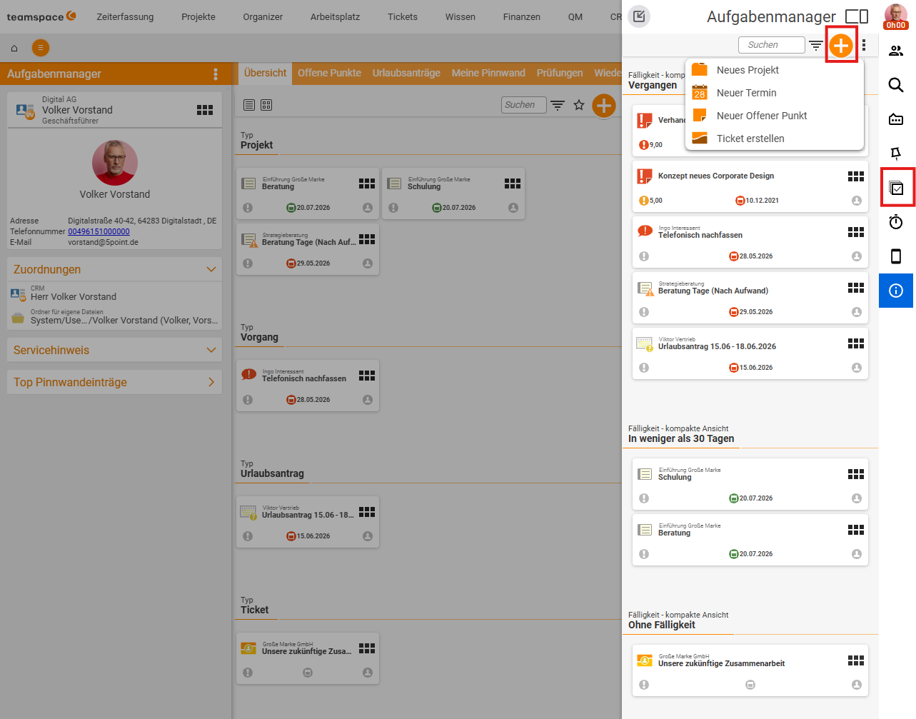 Aufgabenmanager mit geöffnetem „+“-Drop-down oben rechts: die Optionen Neues Projekt, Neuer Termin, Neuer Offener Punkt und Ticket erstellen; im Hintergrund die nach Typ gruppierte Übersicht