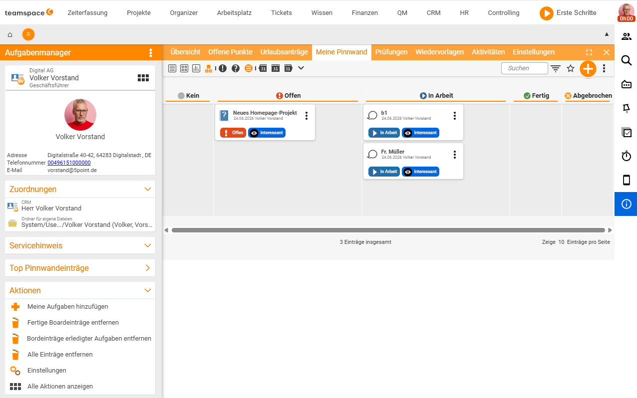Reiter „Meine Pinnwand“ im Aufgabenmanager: Karten (Neues Homepage-Projekt, b1, Fr. Müller) verteilt auf die Status-Spalten Kein, Offen, In Arbeit, Fertig und Abgebrochen