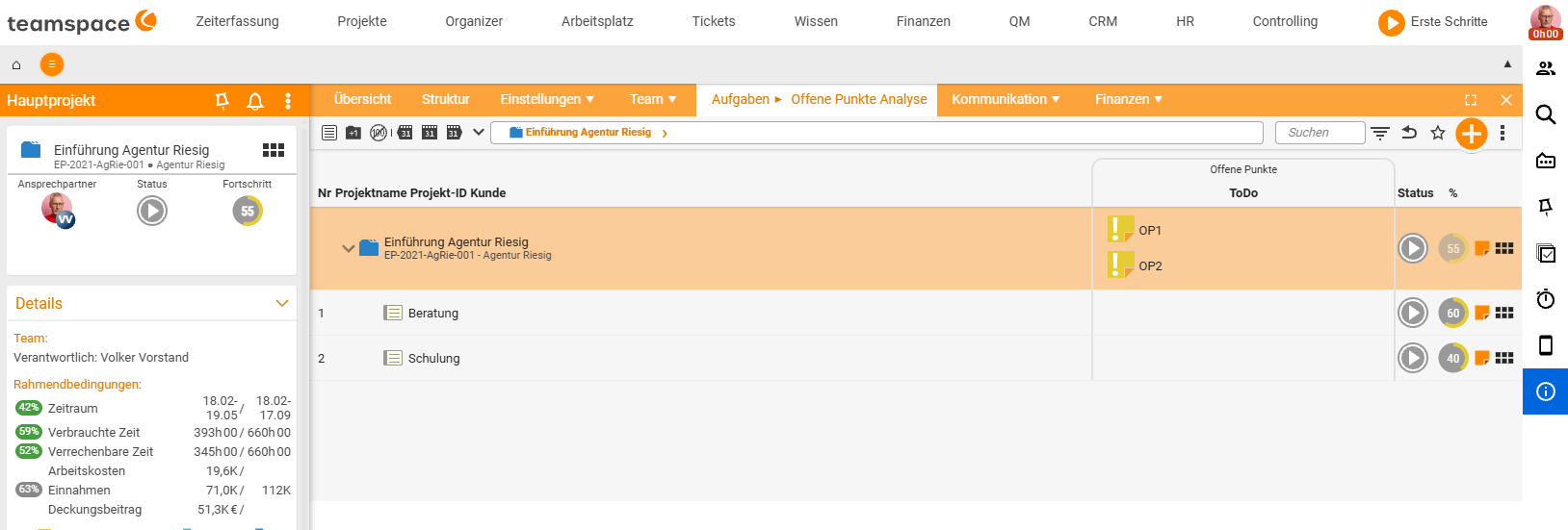 Projekt „Einführung Agentur Riesig“ im Strukturmanager (Reiter Aufgaben ▸ Offene Punkte): die Projektstruktur mit der Spalte „Offene Punkte / ToDo“, am obersten Element die angehängten Punkte OP1 und OP2 sowie Status- und Prozent-Spalten
