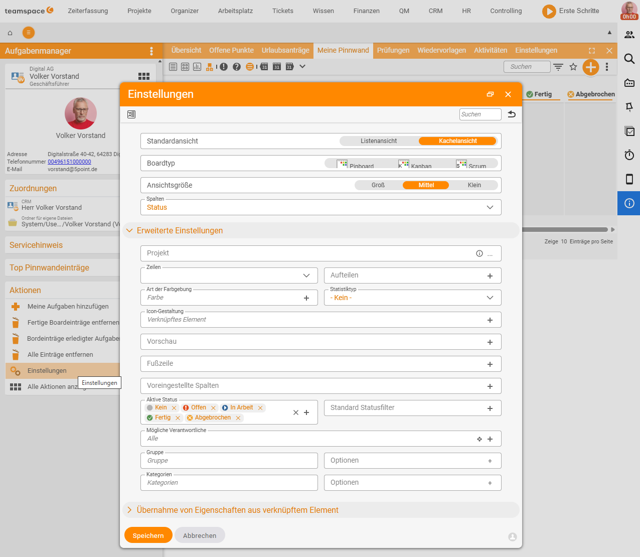 Einstellungen-Dialog der Pinnwand: Standardansicht (Listen-/Kachelansicht), Boardtyp (Pinnwand/Kanban/Scrum), Ansichtsgröße und „Spalten: Status“ sowie erweiterte Einstellungen (Aktive Status, Gruppe, Kategorien)