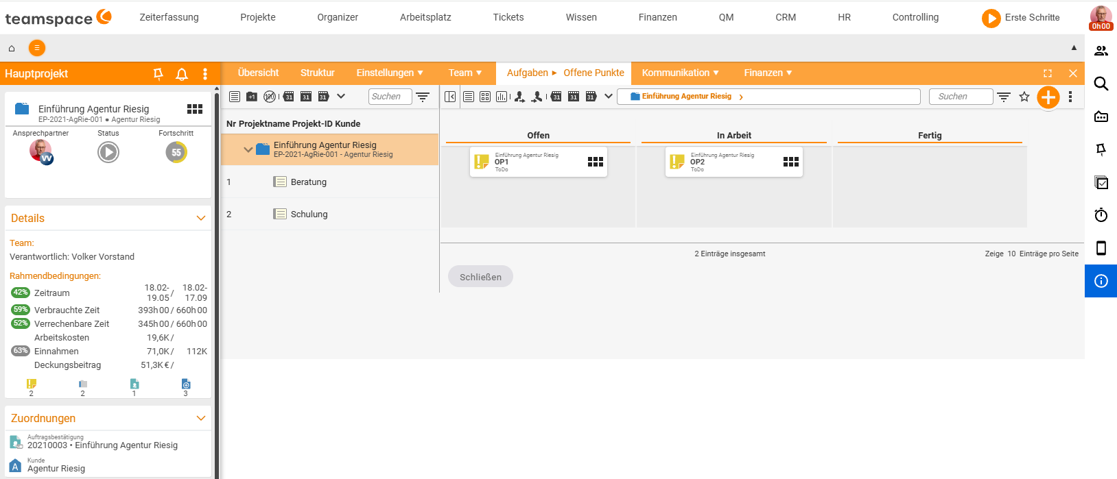 Reiter „Offene Punkte“ eines Projekts als Board mit den Status-Spalten Offen, In Arbeit und Fertig; die Punkte OP1 (Offen) und OP2 (In Arbeit) als Karten, links die Projektstruktur