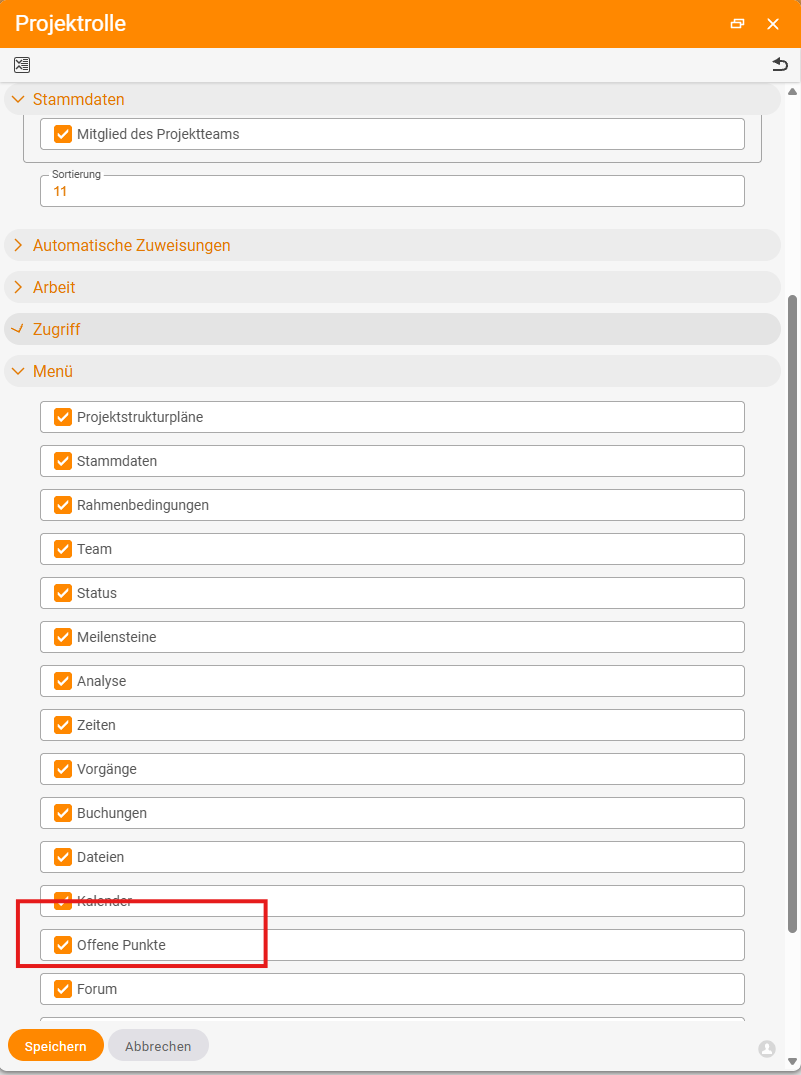 Dialog „Projektrolle“, Sektion „Menü“: die Checkbox „Offene Punkte“ ist aktiviert (neben Stammdaten, Team, Status, Zeiten, Vorgänge, Dateien, Forum …)