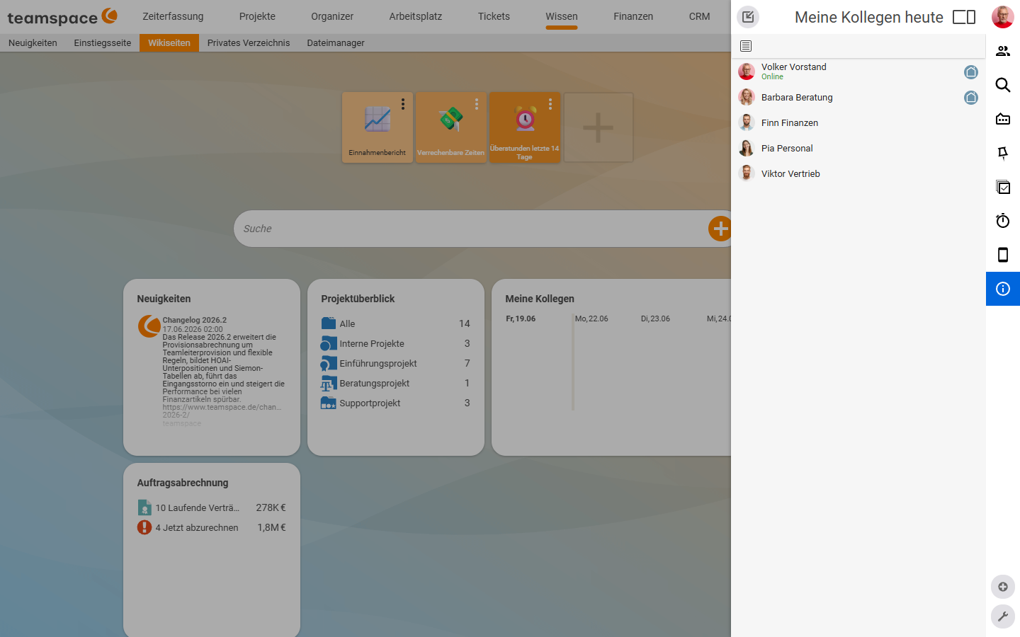 Panel Meine Kollegen heute oben rechts im Home-Portal mit den angemeldeten Kollegen (Volker Vorstand online, Barbara Beratung, Finn Finanzen, Pia Personal, Viktor Vertrieb)