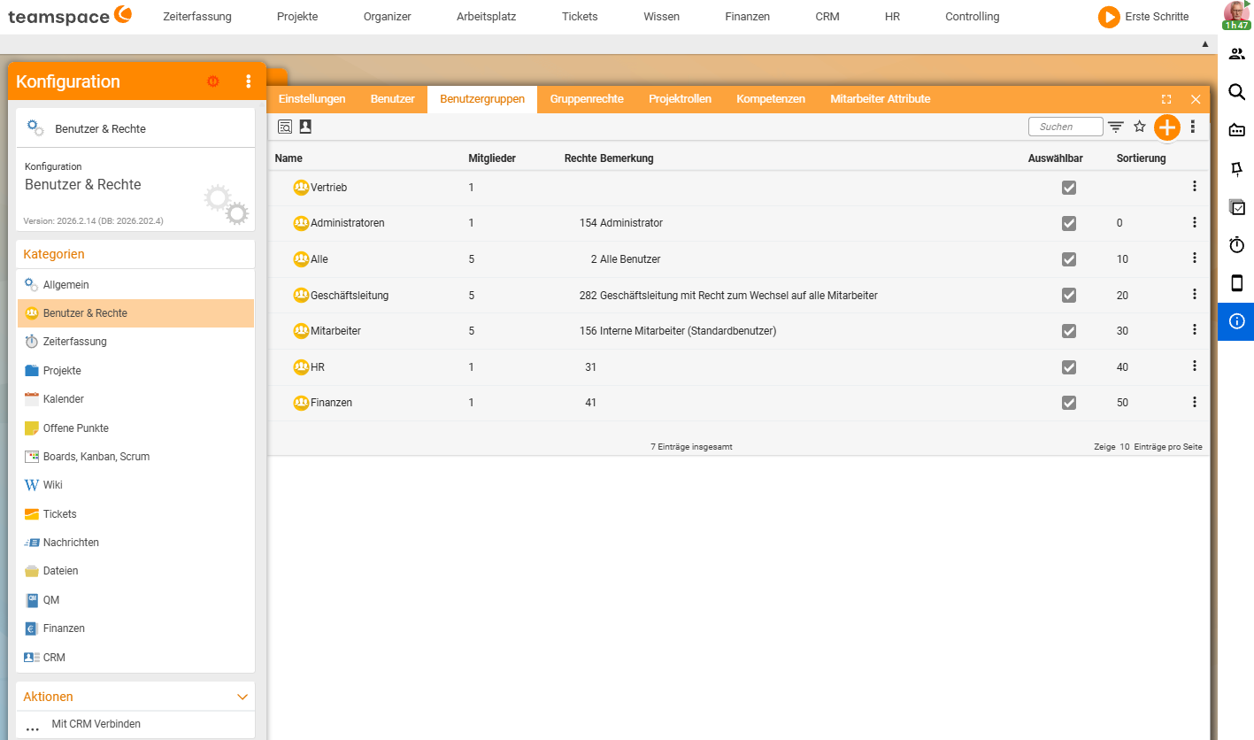 Tab Benutzergruppen mit der Gruppenliste (Vertrieb, Administratoren, Alle, Geschäftsleitung, Mitarbeiter, HR, Finanzen) und den Spalten Name, Mitglieder, Rechte, Auswählbar, Sortierung
