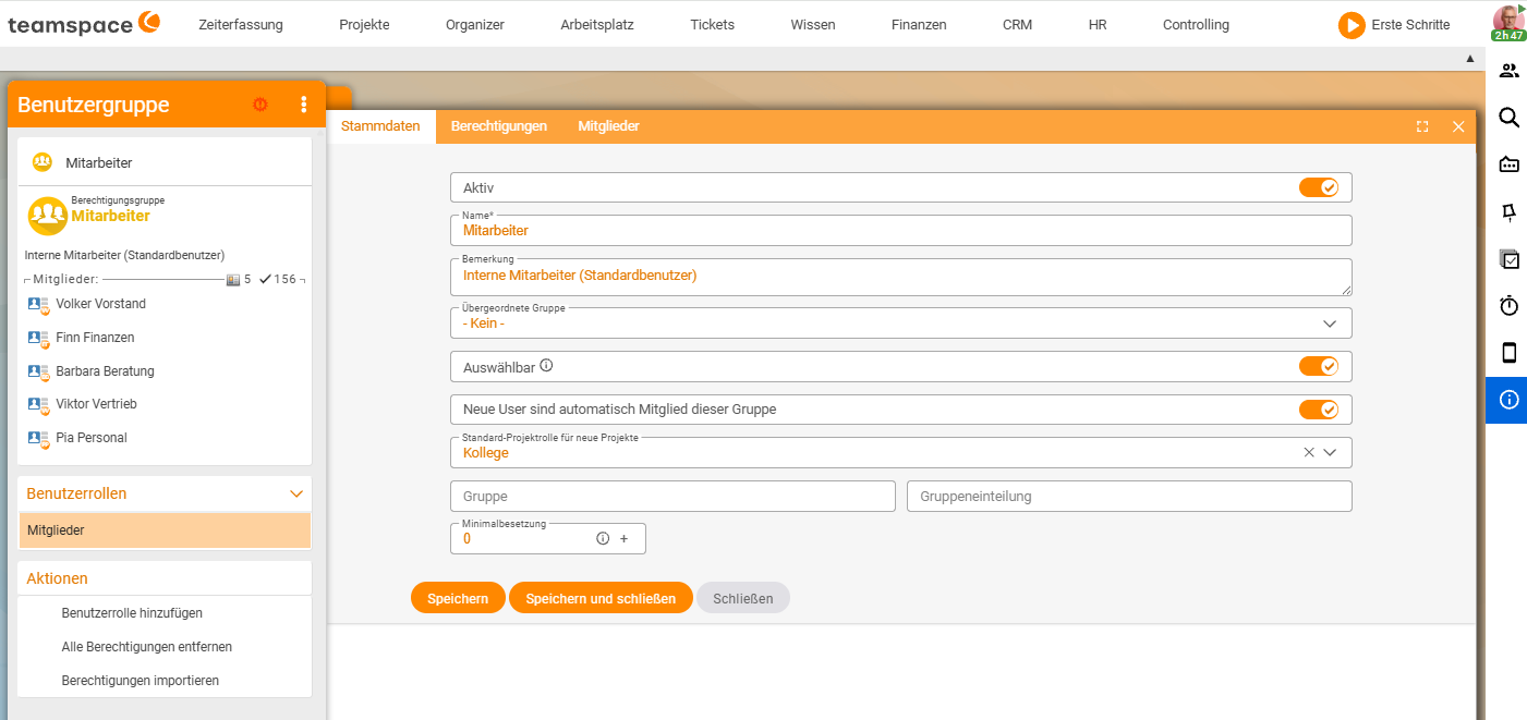 Reiter Stammdaten der Benutzergruppe Mitarbeiter mit den Feldern Aktiv, Name, Bemerkung, Übergeordnete Gruppe, Auswählbar, Neue User automatisch Mitglied, Standard-Projektrolle (Kollege) und Minimalbesetzung