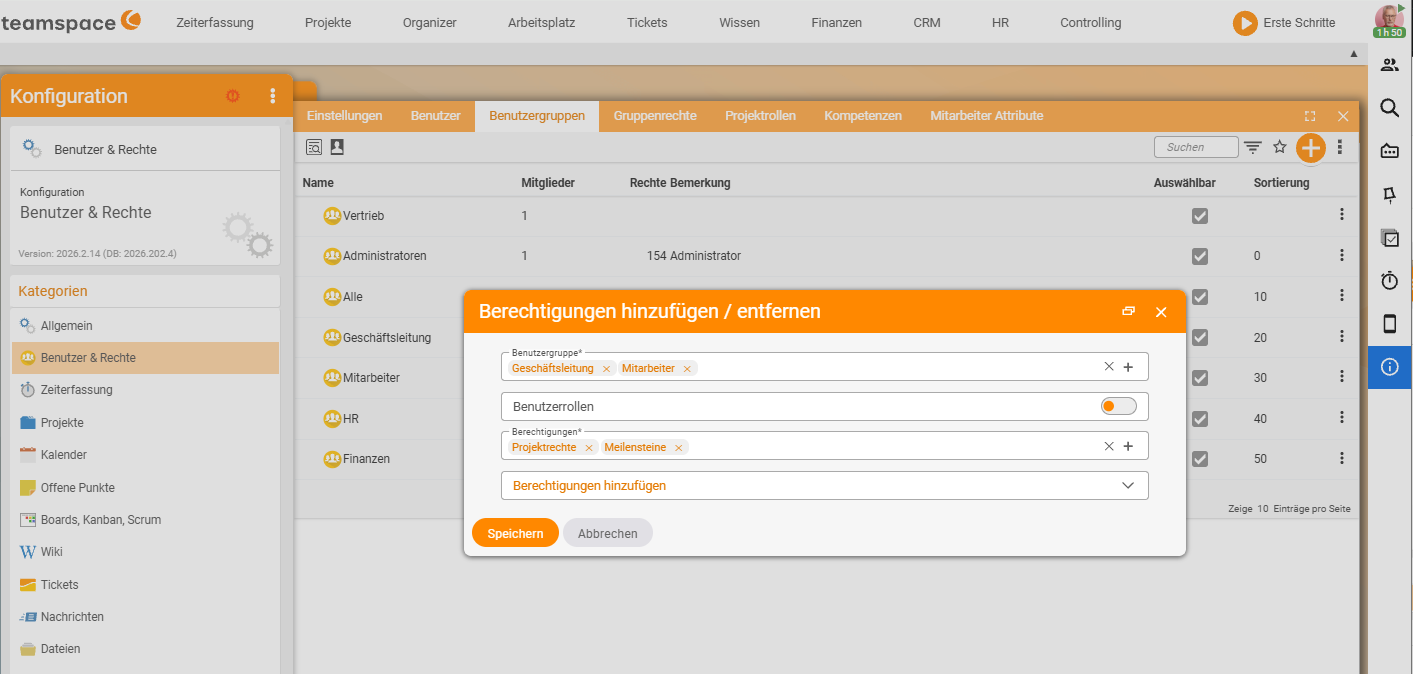 Dialog Berechtigungen hinzufügen / entfernen mit ausgewählten Benutzergruppen (Geschäftsleitung, Mitarbeiter) und Berechtigungen (Projektrechte, Meilensteine) über der Gruppenliste