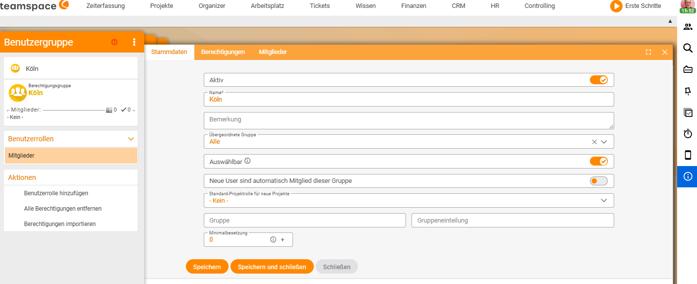 Stammdaten der Benutzergruppe Köln mit der gesetzten Übergeordneten Gruppe Alle