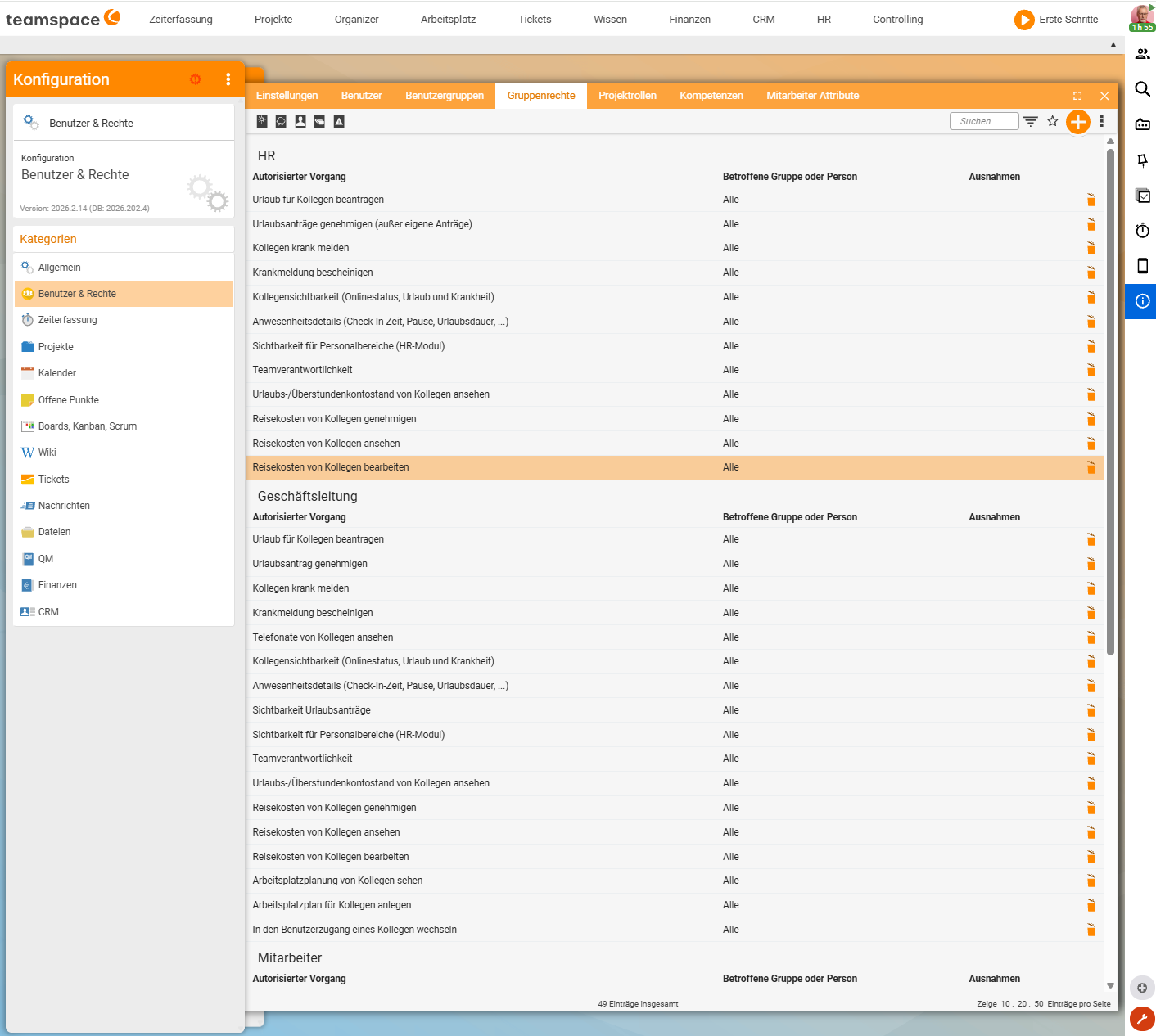 Tab Gruppenrechte mit allen Regeln, gruppiert nach autorisierter Gruppe (HR, Geschäftsleitung, Mitarbeiter), und Schnellfiltern in der Toolbar
