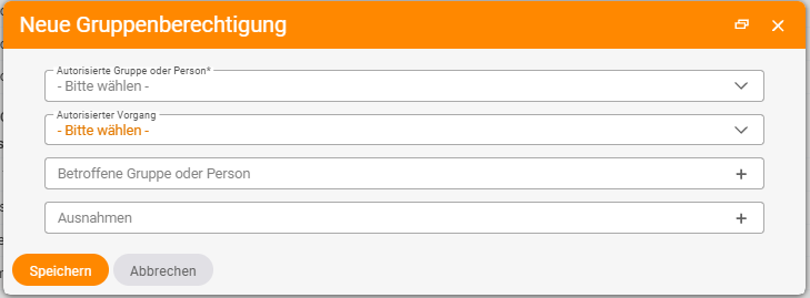 Dialog Neue Gruppenberechtigung mit den Feldern Autorisierte Gruppe oder Person, Autorisierter Vorgang, Betroffene Gruppe oder Person und Ausnahmen
