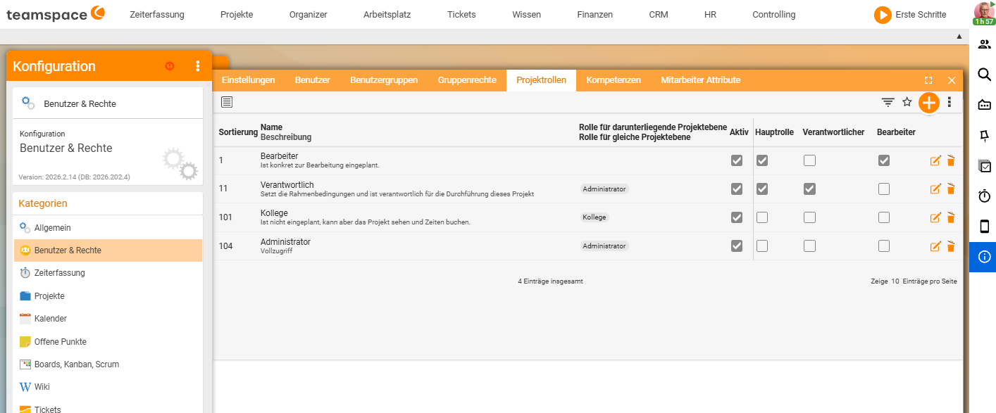 Tab Projektrollen mit den Rollen Bearbeiter, Verantwortlich, Kollege und Administrator und den Spalten Aktiv, Hauptrolle, Verantwortlicher und Bearbeiter