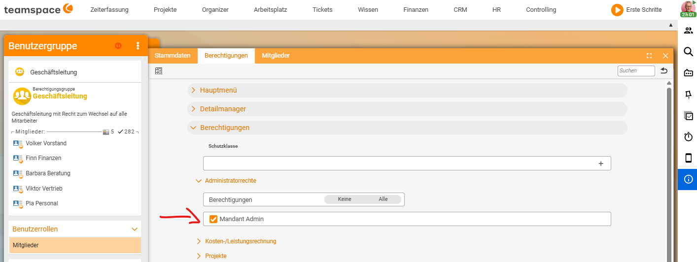 Akkordeon Berechtigungen einer Benutzergruppe, Abschnitt Administratorrechte mit der markierten Option Mandant Admin