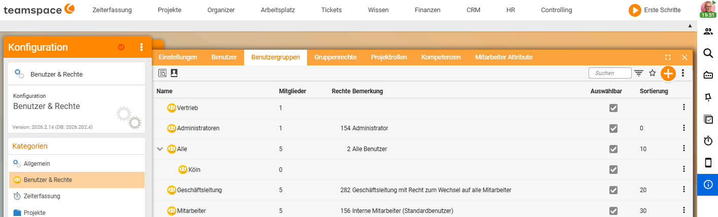 Benutzergruppen-Liste, in der die Gruppe Köln eingerückt unter Alle erscheint