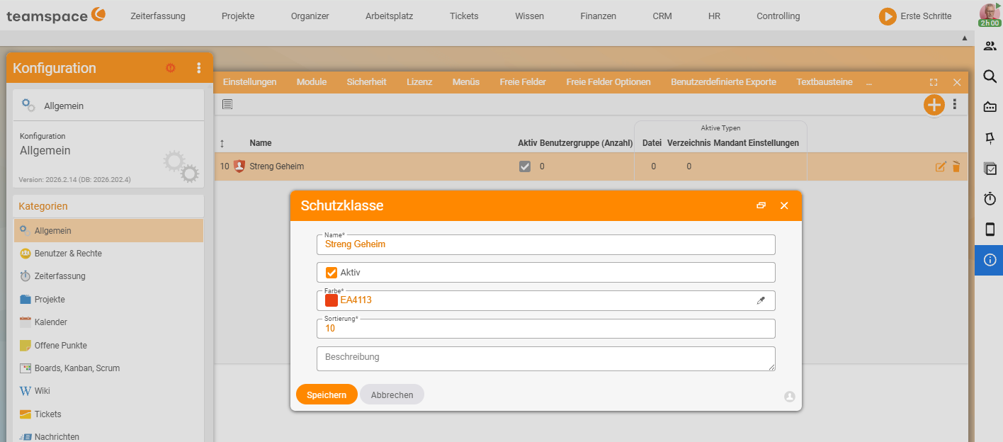 Konfiguration Allgemein mit dem Dialog Schutzklasse: Name Streng Geheim, Aktiv, Farbe und Sortierung