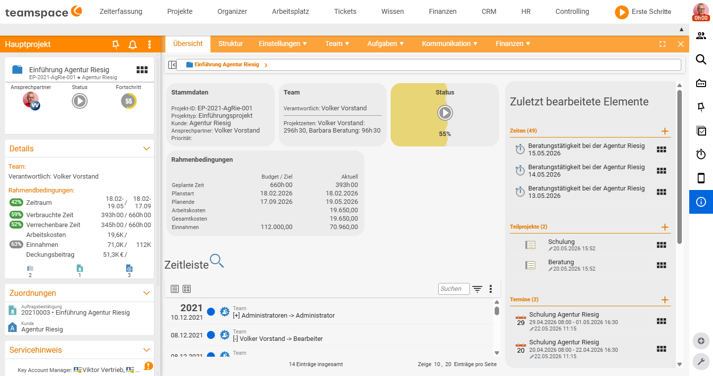 Übersicht des Projektmanagers mit Stammdaten, Team, Status, Rahmenbedingungen, Zeitleiste und zuletzt bearbeiteten Elementen