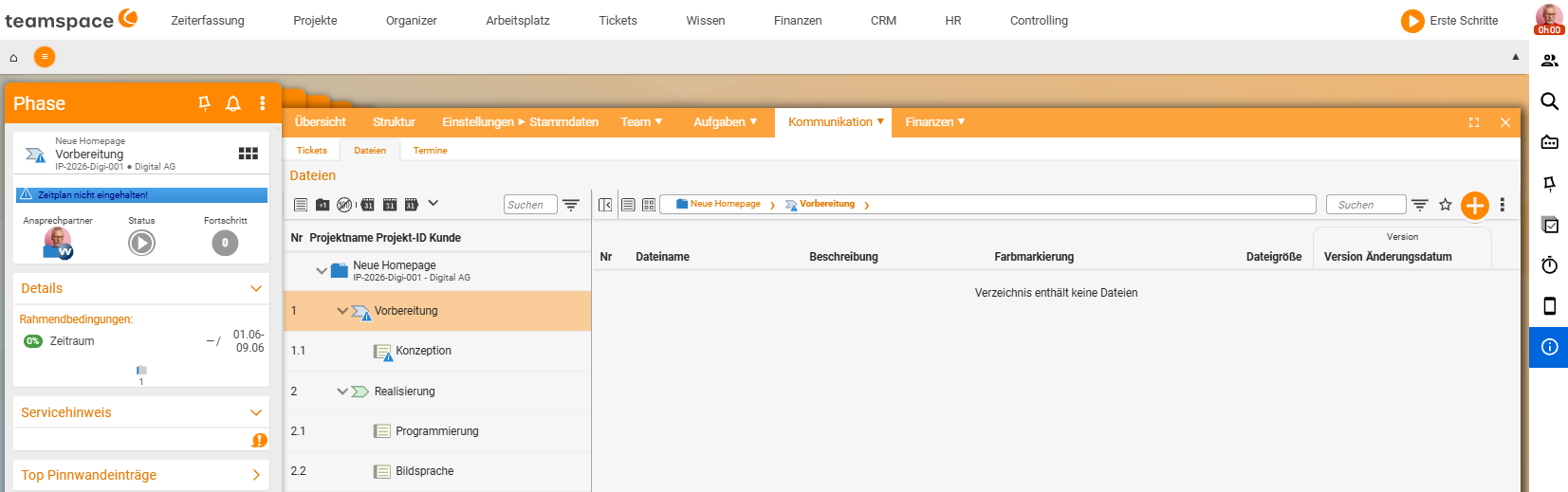 Projektmanager auf dem Reiter „Kommunikation ▸ Dateien