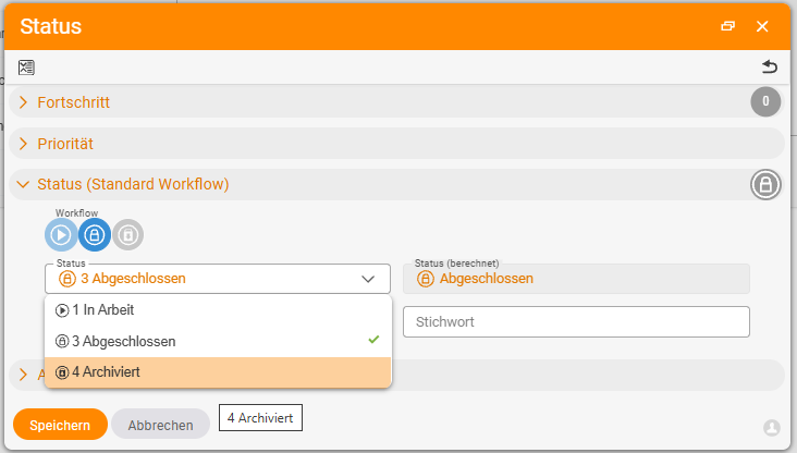 Status-Dialog (Standard Workflow) mit geöffnetem Status-Dropdown: Optionen „1 In Arbeit