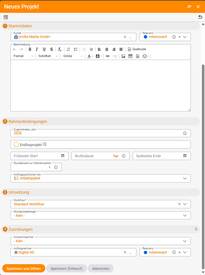 Anlage-Dialog „Neues Projekt