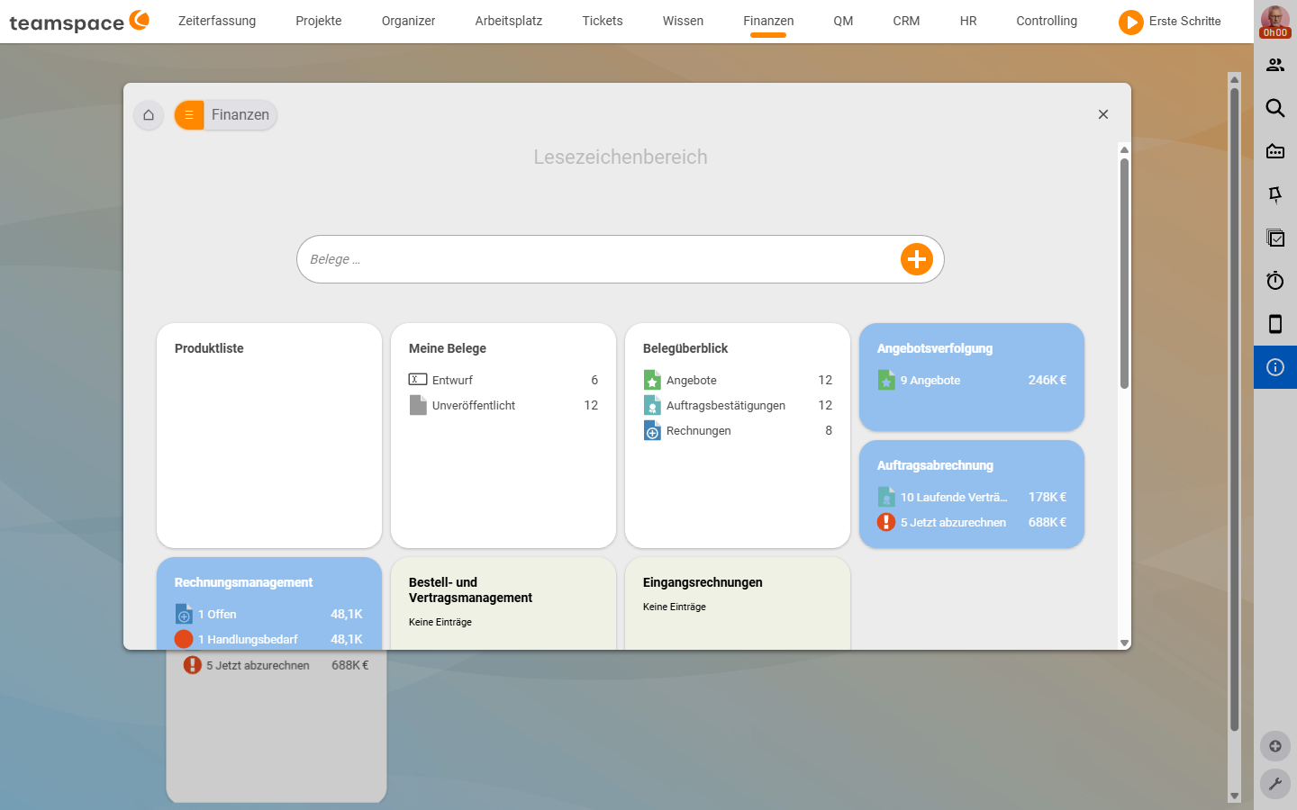 Finanzmodul-Modal mit der Kachel Produktliste (leer) und der Kachel Bestell- und Vertragsmanagement (Keine Einträge) im Lesezeichenbereich