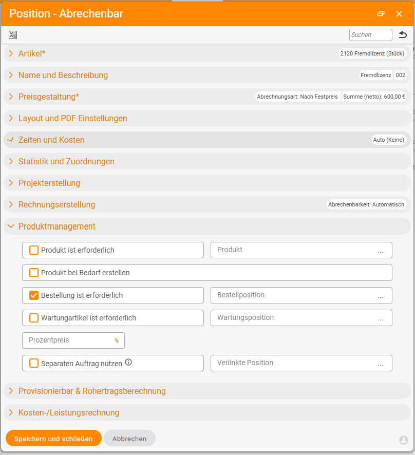 Positions-Detailmanager „Position – Abrechenbar