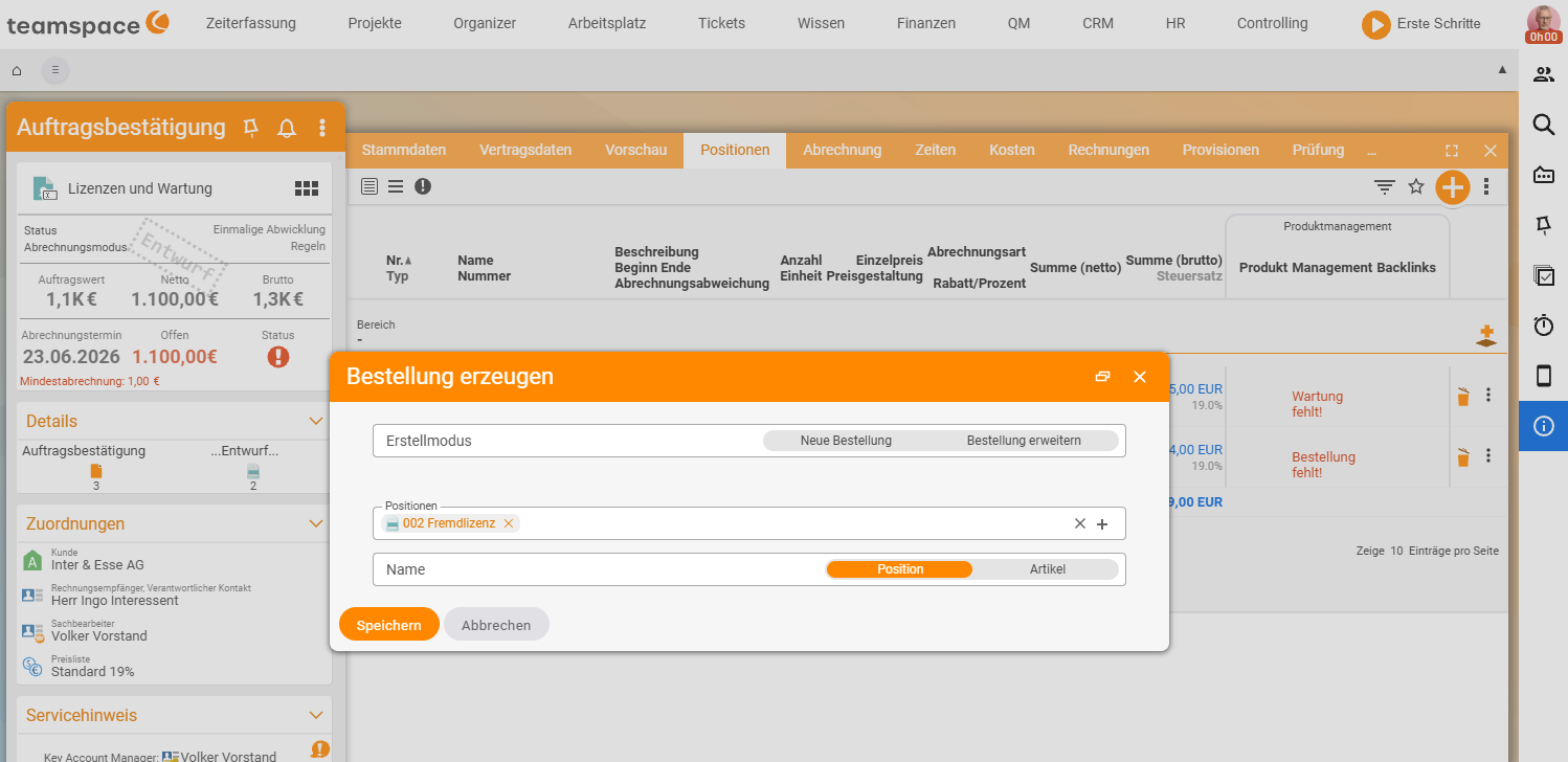 Dialog „Bestellung erzeugen