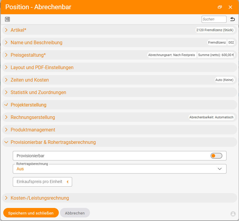 Positions-Detailmanager „Position – Abrechenbar