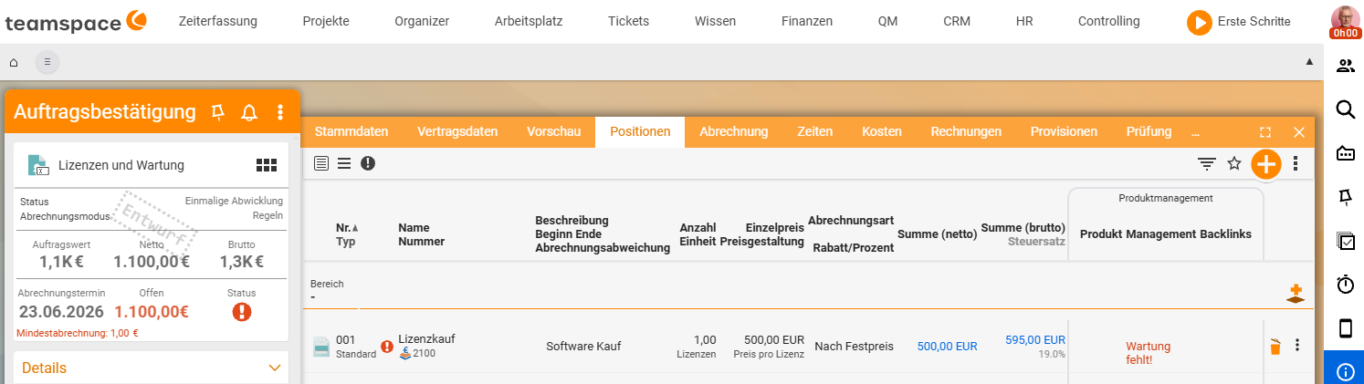 Positions-Reiter eines Auftrags mit der Kauflizenz-Position „001 Lizenzkauf / Software Kauf