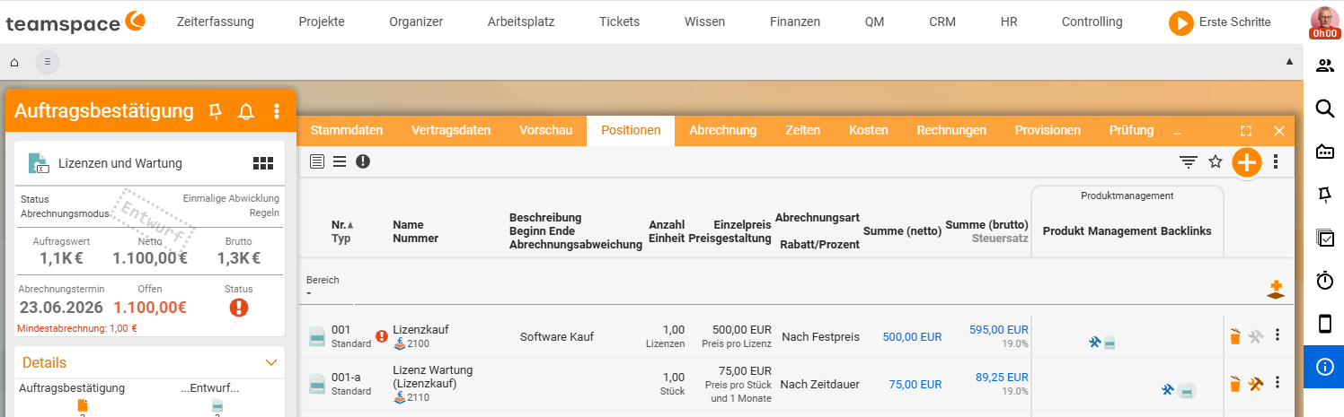 Positions-Reiter mit der Kauflizenz „001 Lizenzkauf