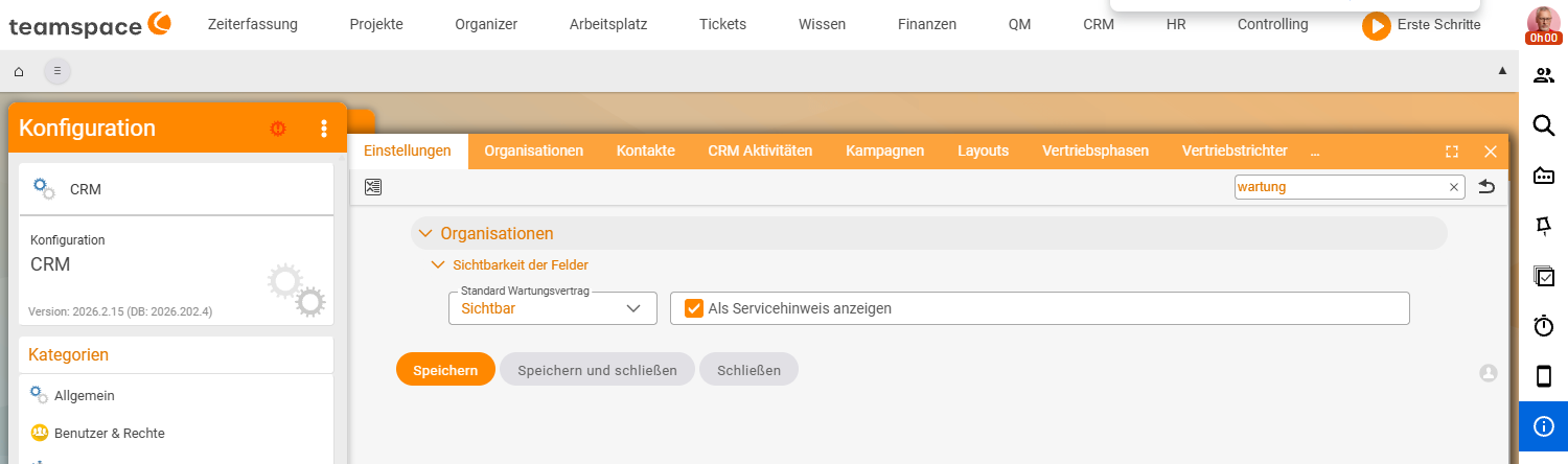 CRM-Konfiguration → Einstellungen → Organisationen → Sichtbarkeit der Felder: das Feld „Standard Wartungsvertrag