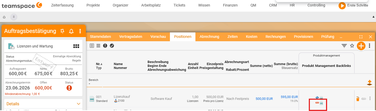 Positions-Reiter des Ursprungsauftrags: an der Position „001 Lizenzkauf