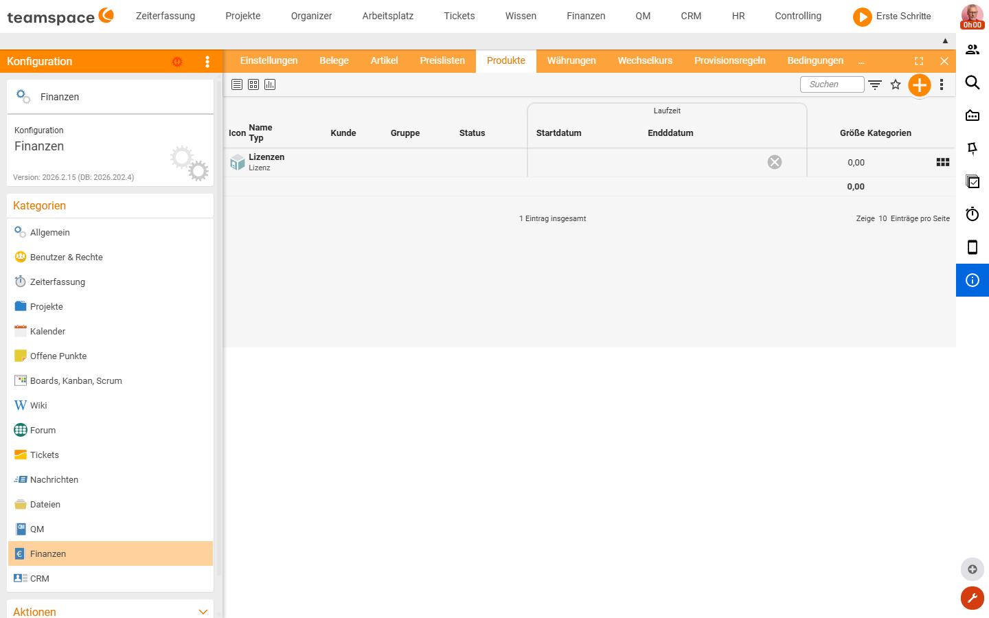 Konfiguration Finanzen Produkte: Liste der Vorlagen mit den Spalten Icon, Name/Typ, Kunde, Gruppe, Status, Laufzeit (Startdatum/Enddatum), Größe, Kategorien; eine Vorlage Lizenzen vom Typ Lizenz