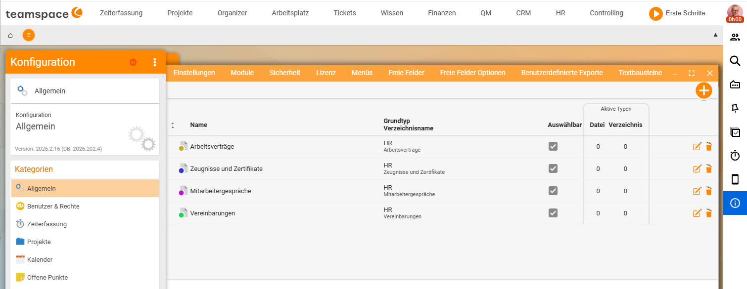 Konfiguration der Dateiklassen: Tabelle mit Name, Grundtyp/Verzeichnisname, Auswählbar und aktiven Typen – Beispieleinträge Arbeitsverträge, Zeugnisse und Zertifikate, Mitarbeitergespräche und Vereinbarungen (Grundtyp HR)