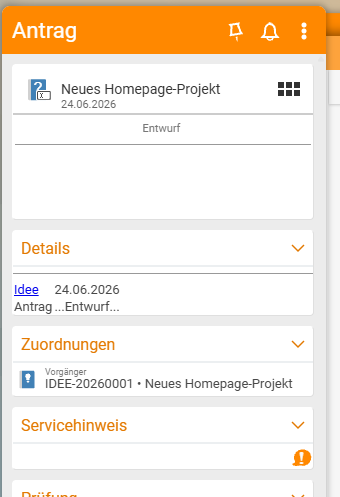 Sidebar des neuen Antrags „Neues Homepage-Projekt“ (Status Entwurf): unter Zuordnungen der „Vorgänger IDEE-20260001 • Neues Homepage-Projekt“ – die Verknüpfung zurück zur Idee