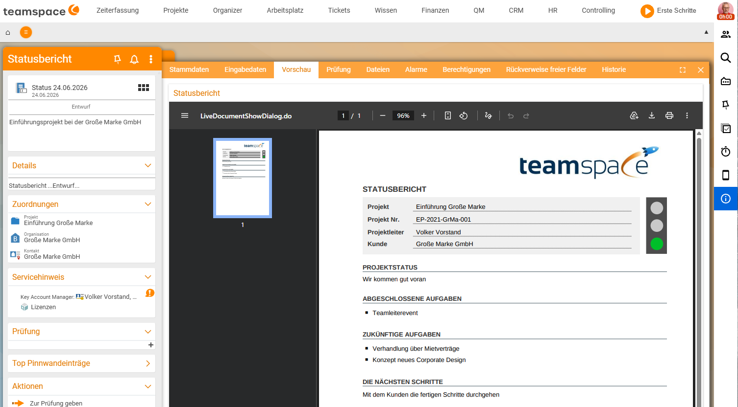 Reiter „Vorschau“ des Statusberichts: das fertig gerenderte teamspace-Dokument mit Kopf „STATUSBERICHT“, Projektdaten, Ampel-Grafik und den Abschnitten Projektstatus, Abgeschlossene/Zukünftige Aufgaben und Die nächsten Schritte