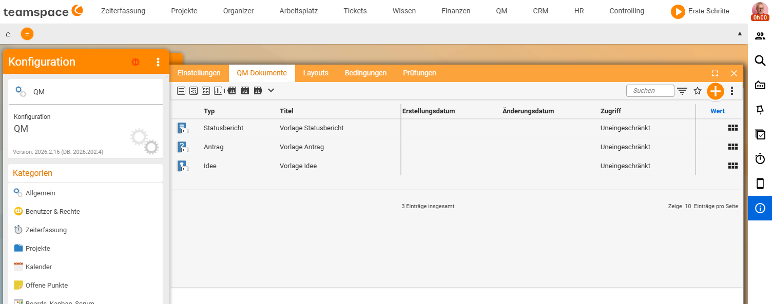 Konfiguration → QM, Reiter „QM-Dokumente“: Liste der QM-Vorlagen mit den Typen Statusbericht, Antrag und Idee (Vorlage Statusbericht/Antrag/Idee), Spalten Typ, Titel, Erstellungs-/Änderungsdatum und Zugriff (Uneingeschränkt)