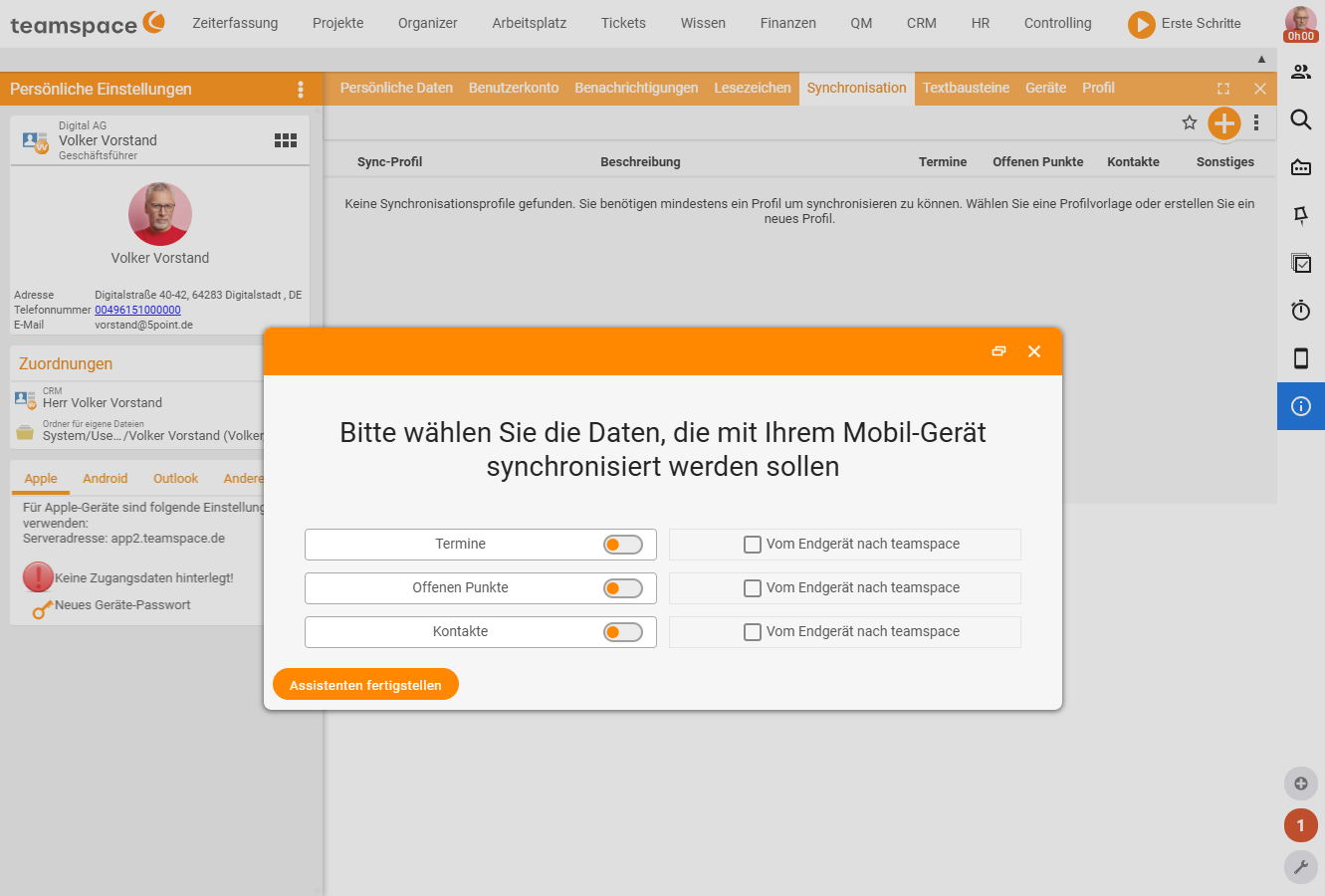 Assistent zum Anlegen eines Sync-Profils: „Bitte wählen Sie die Daten, die mit Ihrem Mobil-Gerät synchronisiert werden sollen