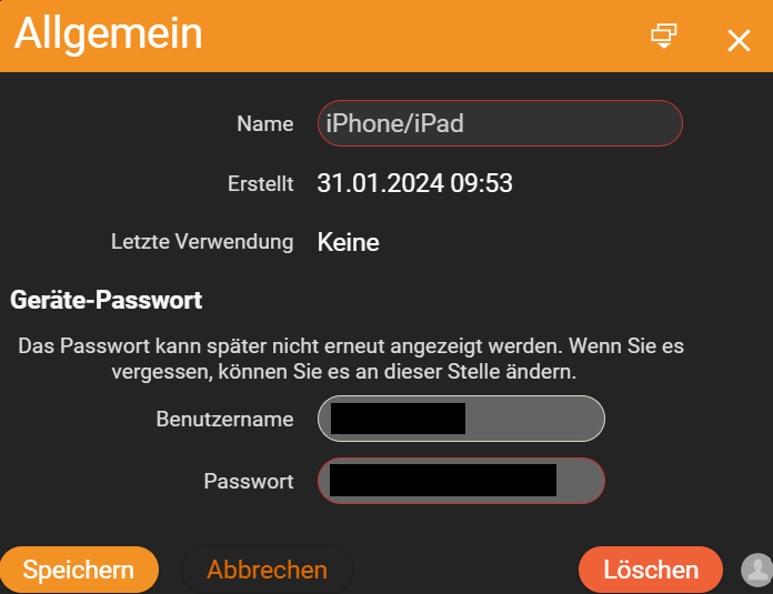 Fenster mit Benutzername und Passwort des neuen Geräte-Passworts