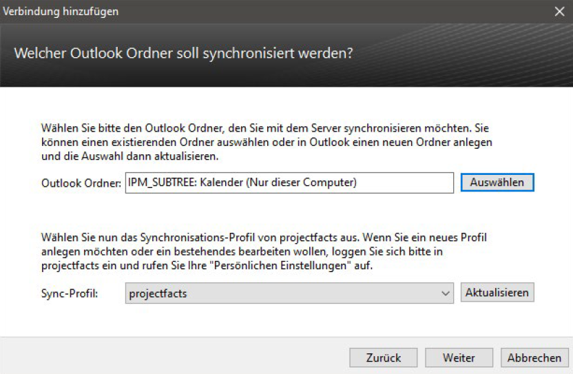 Auswahl des Outlook-Ordners und des Synchronisationsprofils