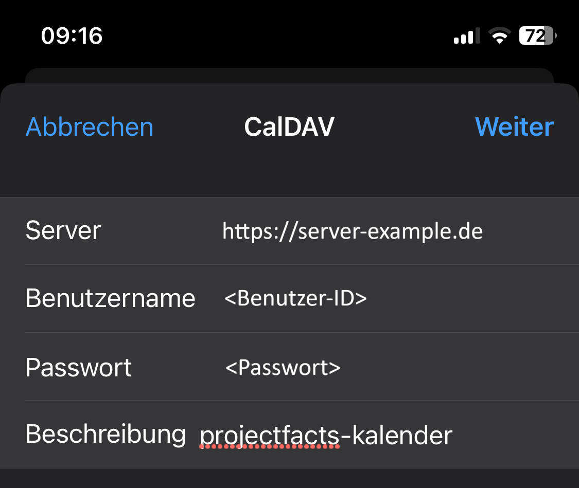 Eingabe von Server, Benutzername und Beschreibung