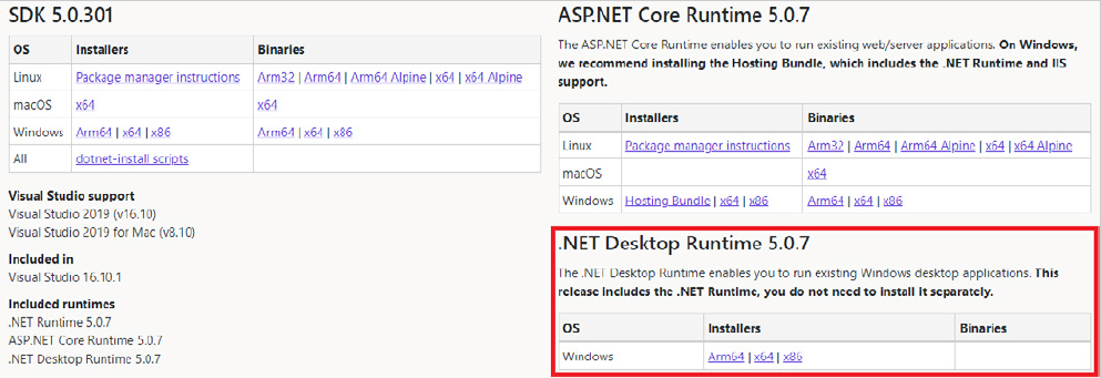 Download der .NET 5.0 Desktop Runtime (x64)