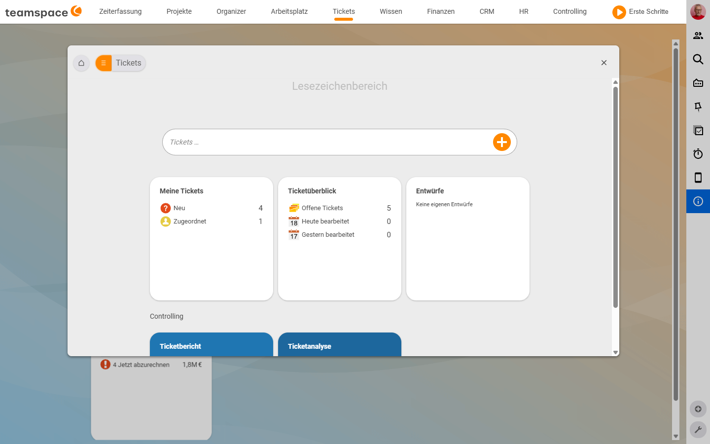 Tickets-Modulstartseite mit den Kacheln Meine Tickets, Ticketüberblick und Entwürfe samt Live-Zählern