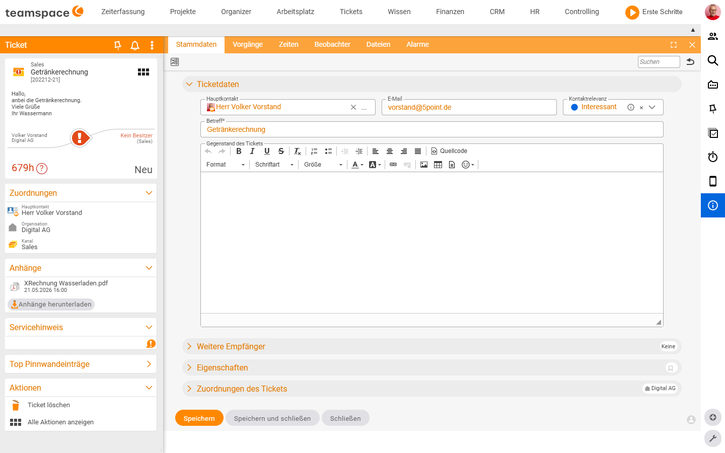 Ticket-Detailmanager mit der Reiter-Reihe Stammdaten, Vorgänge, Zeiten, Beobachter, Dateien, Alarme und linker Sidebar