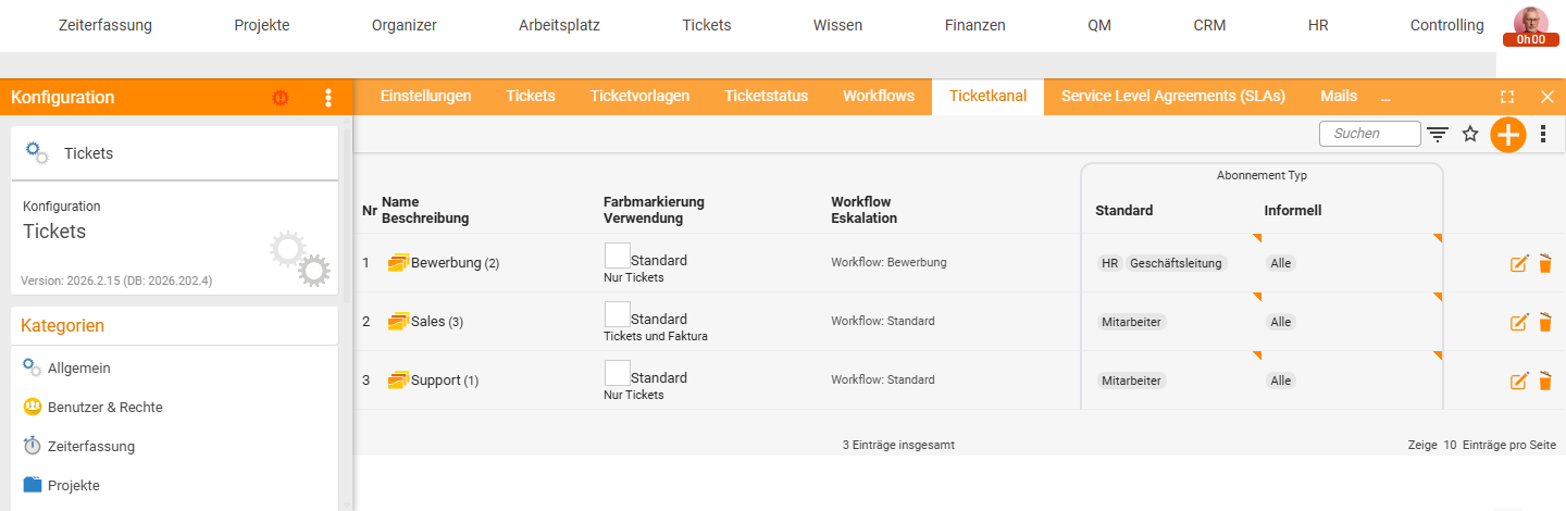 Konfigurations-Kanalliste (Tickets → Ticketkanal) mit den Kanälen Bewerbung, Sales, Support und der Spalte „Abonnement Typ