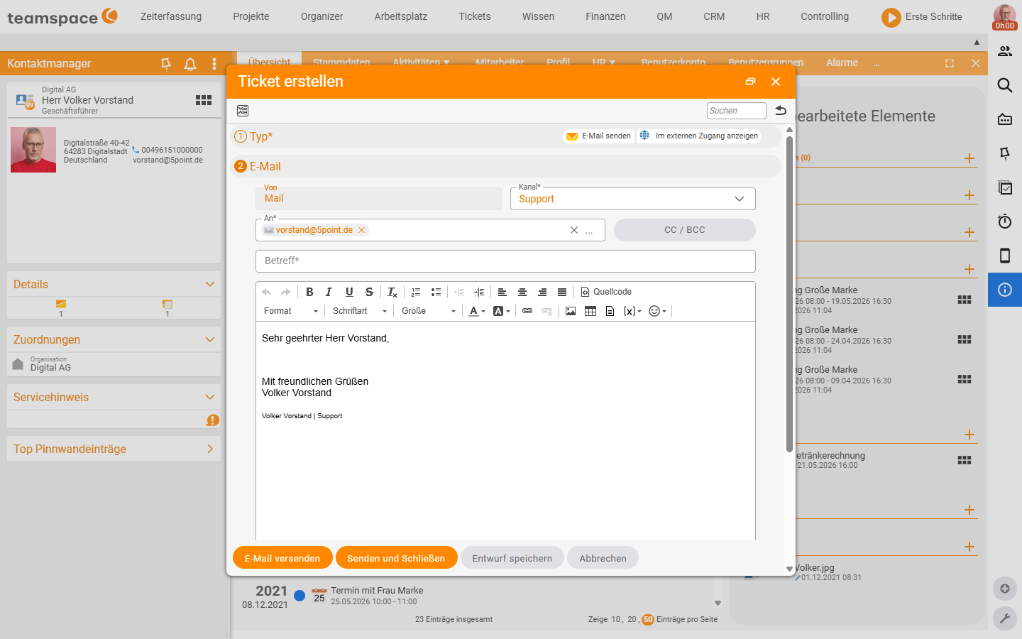 Mailversand-Dialog „Ticket erstellen