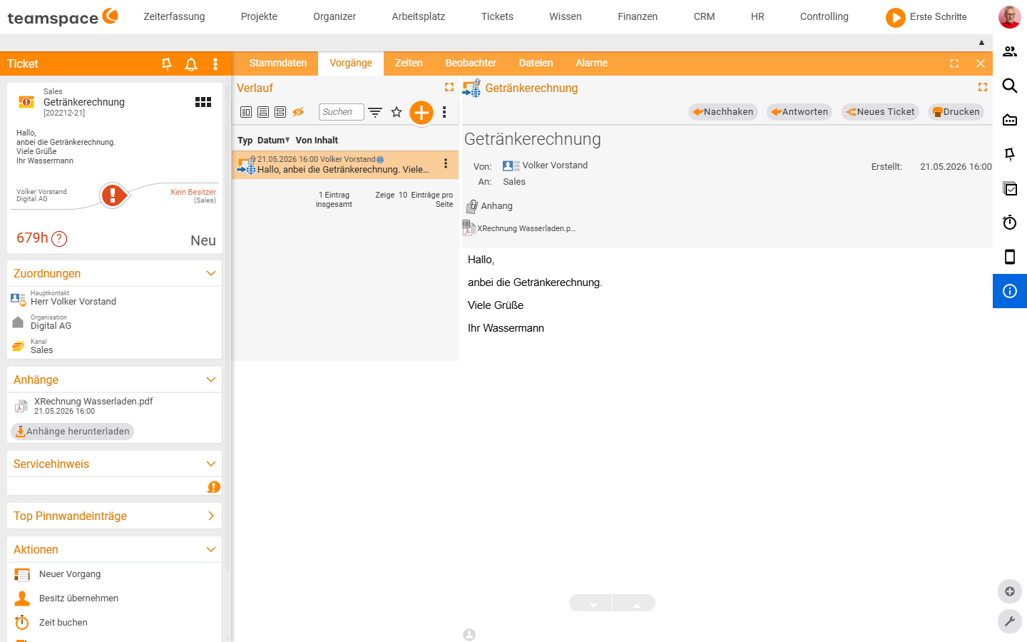 Reiter Vorgänge mit Verlaufs-Liste links und Vorgangs-Detail rechts samt Aktionen Nachhaken, Antworten, Neues Ticket, Drucken