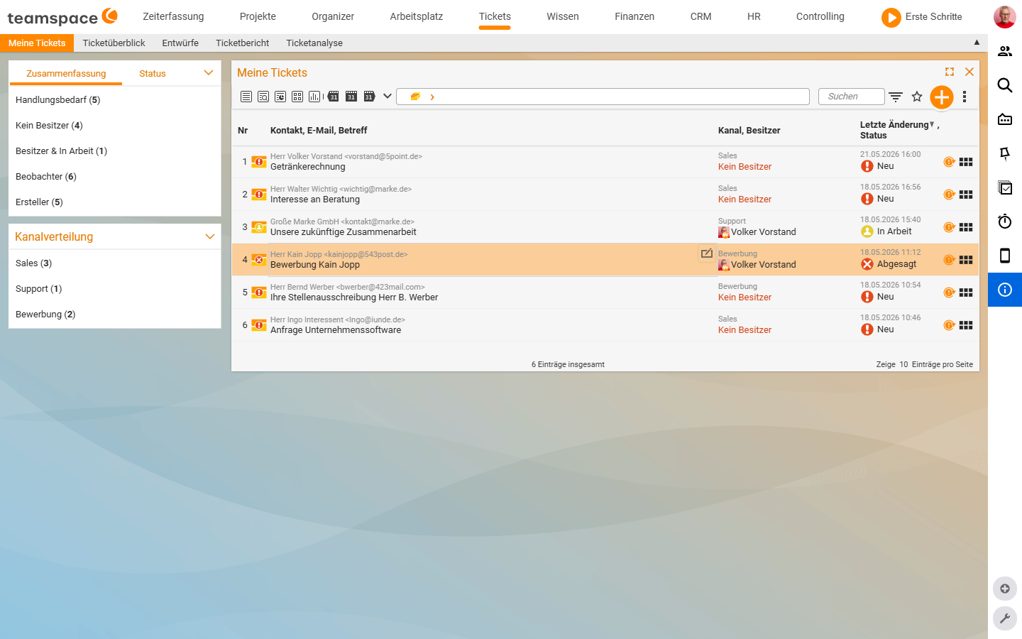 Liste Meine Tickets mit linker Sidebar (Zusammenfassung, Kanalverteilung) und Tabelle Nr, Kontakt/Betreff, Kanal/Besitzer, Status