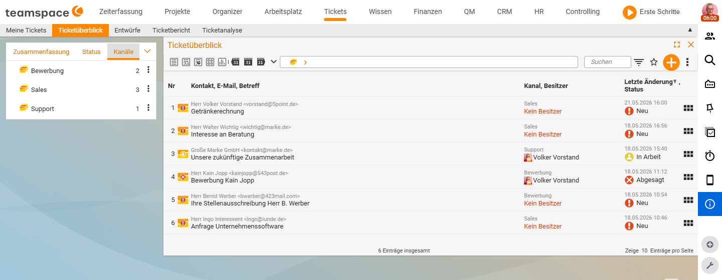 Ticketüberblick mit den Ticket-Zeilen (Kontakt, E-Mail, Betreff, Kanal, Besitzer, Status) und dem aufgeklappten Sidebar-Tab „Kanäle