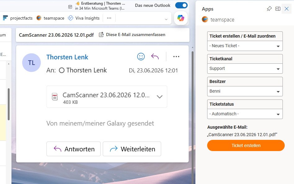 Neues Outlook mit ausgewählter E-Mail und geöffnetem teamspace-Add-In im Apps-Panel: Auswahl „Ticket erstellen / E-Mail zuordnen“ (Neues Ticket), Ticketkanal Support, Besitzer Benni, Ticketstatus Automatisch, ausgewählte E-Mail und Schaltfläche „Ticket erstellen“