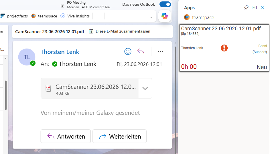 Vorschaukarte des teamspace-Add-Ins an einer Outlook-Mail nach der Ticket-Erstellung: Betreff „CamScanner 23.06.2026 12.01.pdf“, Ticket-ID 5p-184382, Kontakt Thorsten Lenk, Bearbeiter Benni, Kanal Support, verstrichene Zeit 0h 00 und Status Neu