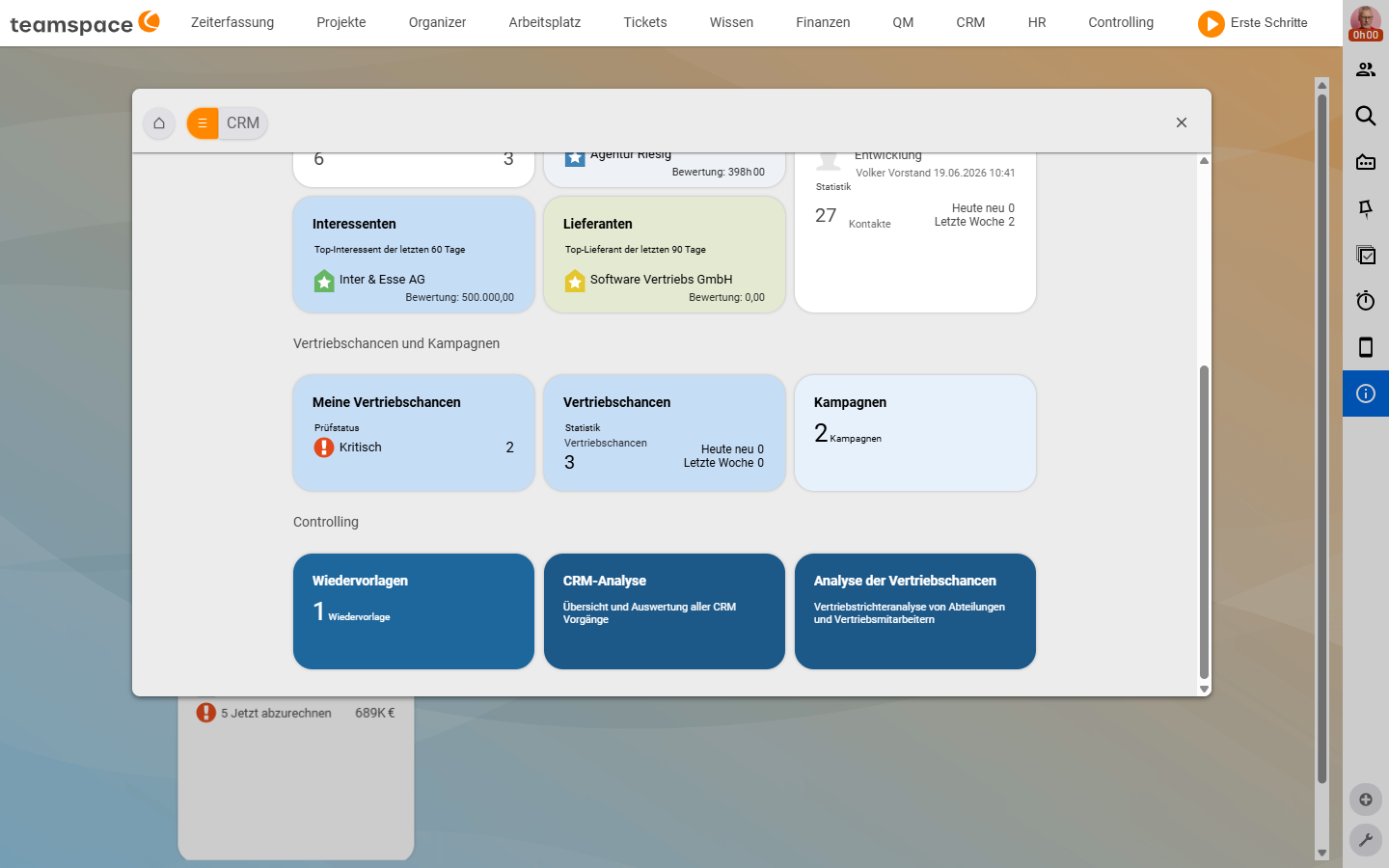 CRM-Modulübersicht mit der Sektion „Vertriebschancen und Kampagnen