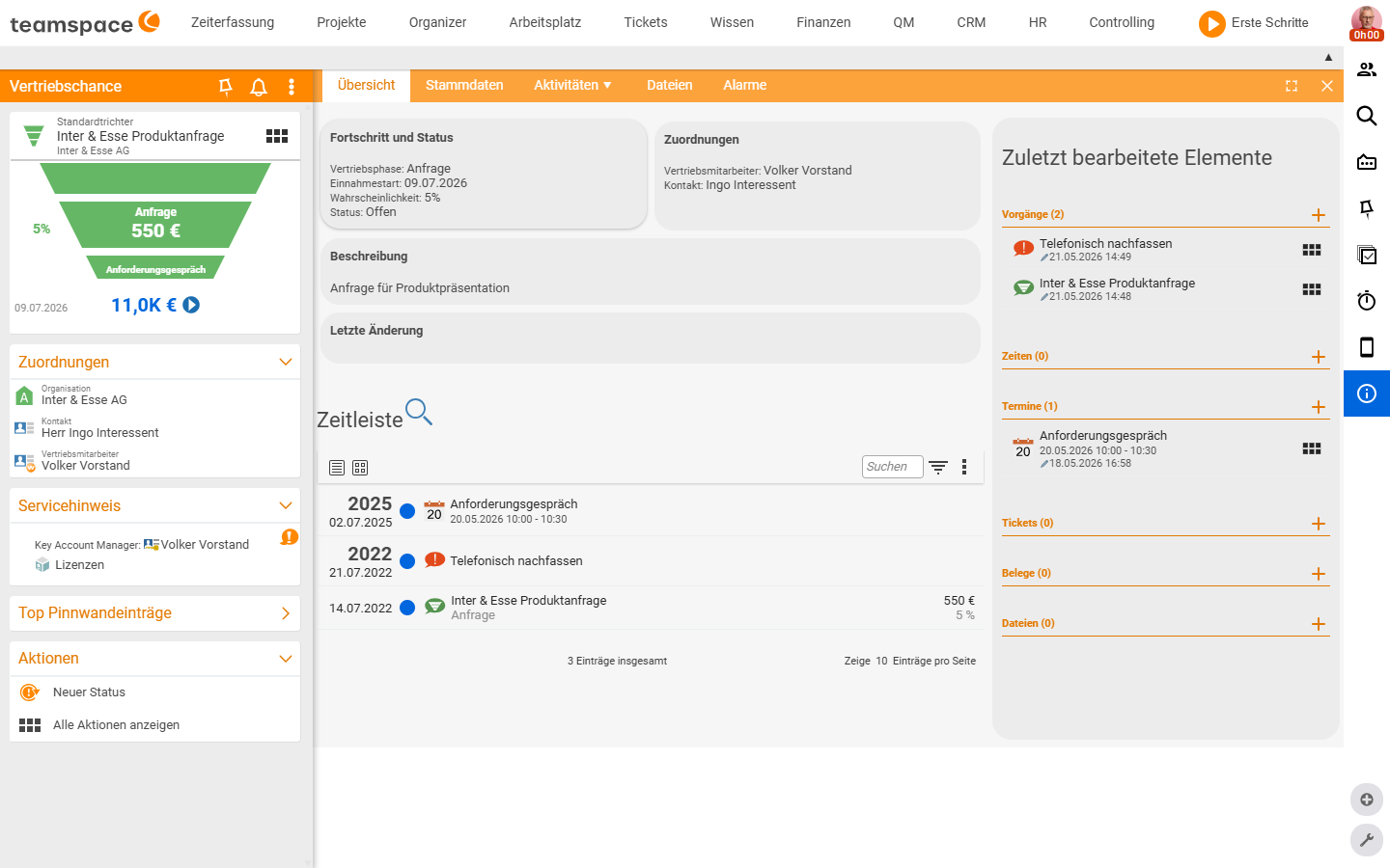 Detailmanager der Vertriebschance „Inter & Esse Produktanfrage
